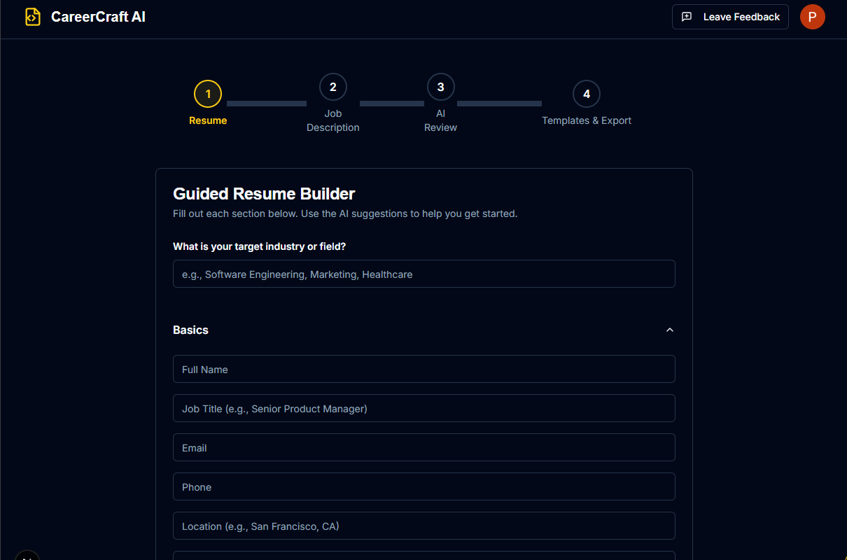 A screenshot of the CareerCraft AI dashboard showing a resume score and analysis.